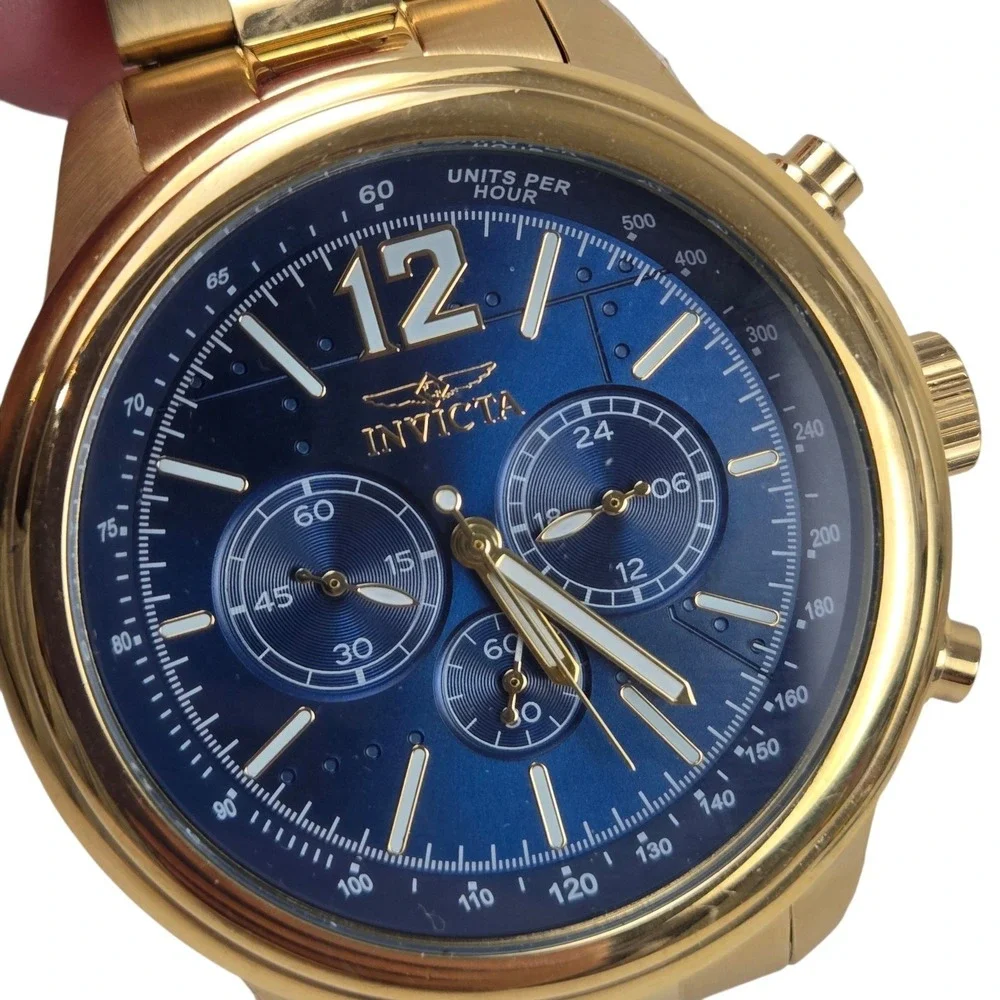Invicta Aviator Men's Chronograph Watch 100m WR Gold w Blue Dial 28896 VIDEO